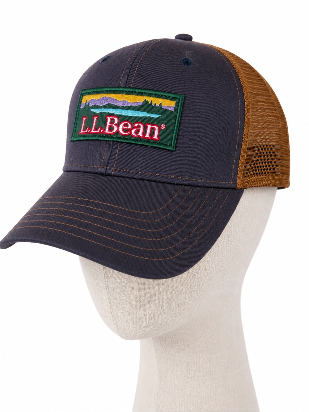 L.L.Bean Trucker Hat Navy Brown Mesh Snapback Mountain Logo Patch Cap